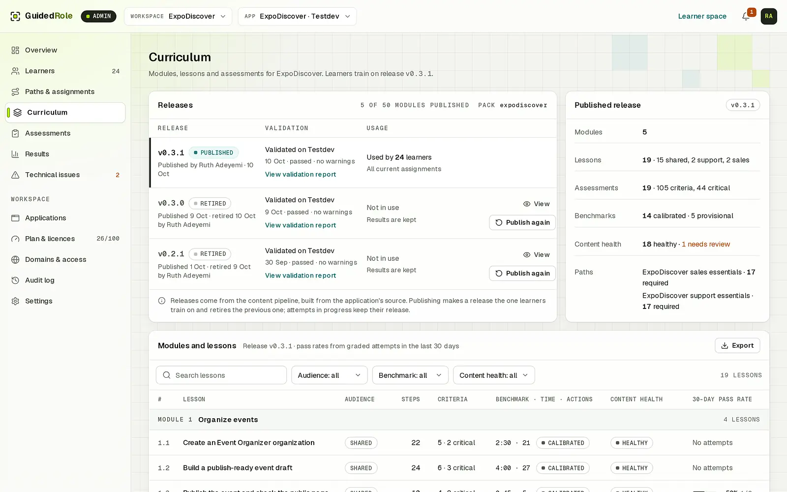 The Curriculum page: the published course release, earlier releases retired with their results kept, and the modules and lessons with their benchmarks and content health.