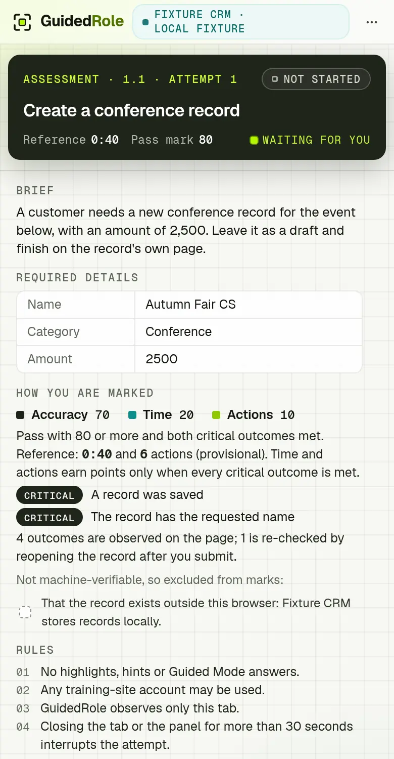 The assessment brief in the side panel: the outcome to achieve, the required details, how the attempt is marked, the critical outcomes and the rules, with no highlights, hints or Guided Mode.