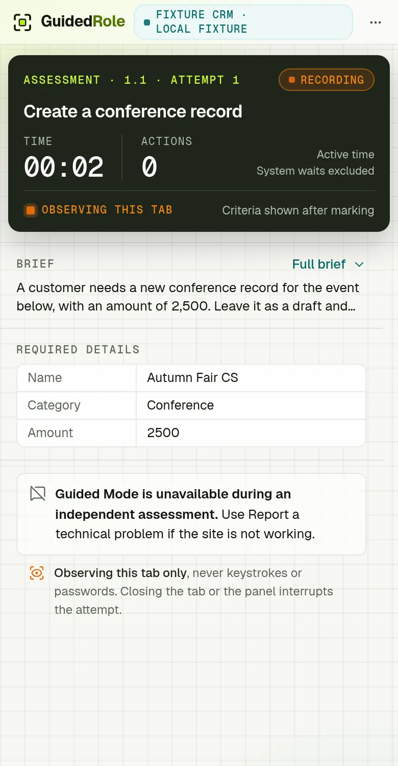 An assessment in progress in the side panel: the time and action count, Observing this tab, and a notice that Guided Mode is unavailable during an independent assessment.