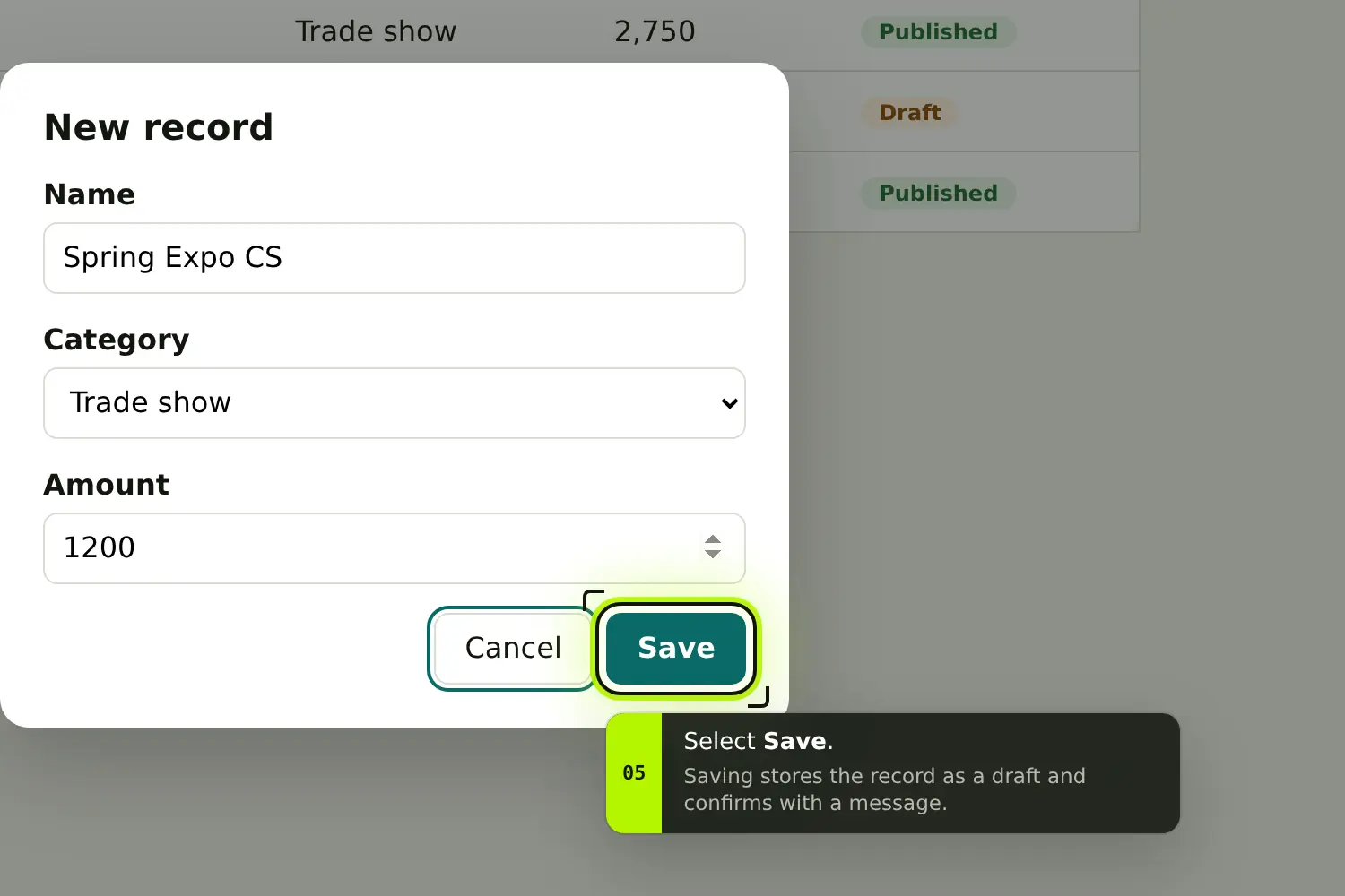 A close view of the test site: GuidedRole frames the Save button, and the callout says that saving stores the record as a draft.